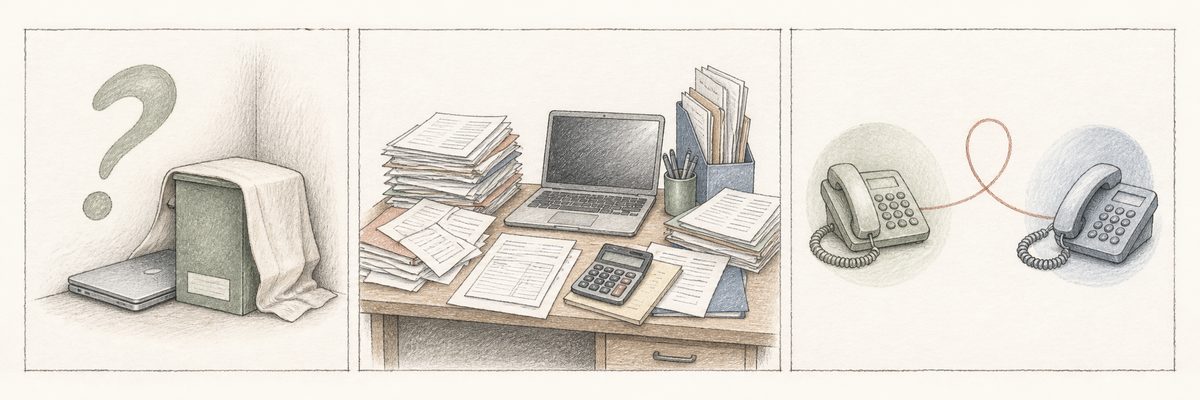 使われなくなったソフト、ひとりに集まる事務作業、電話確認を表した三つのイラスト