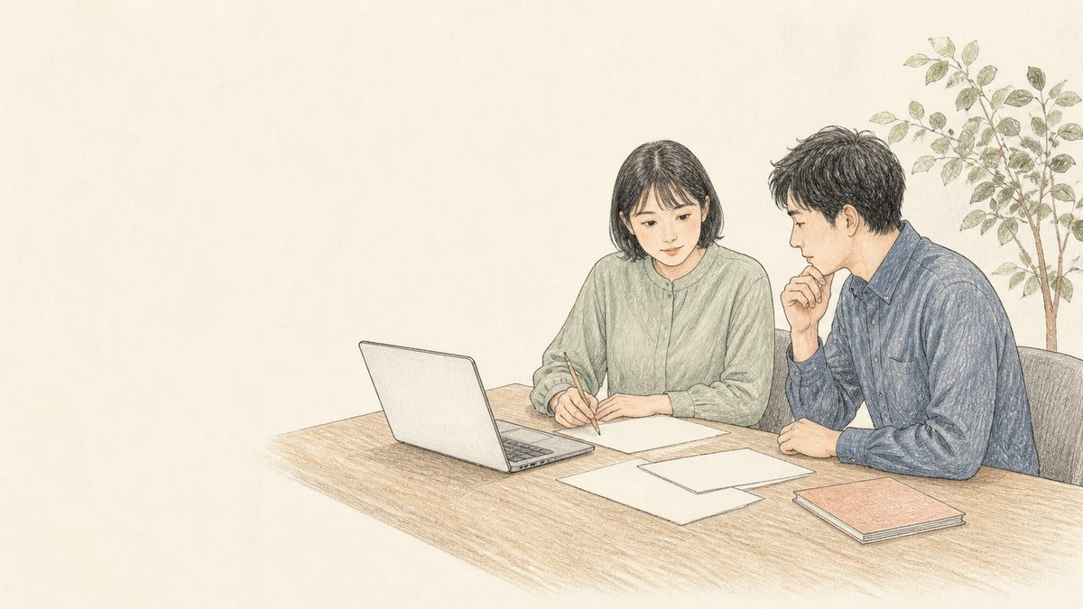 机を囲み、ノートとパソコンを見ながら相談する二人のイラスト