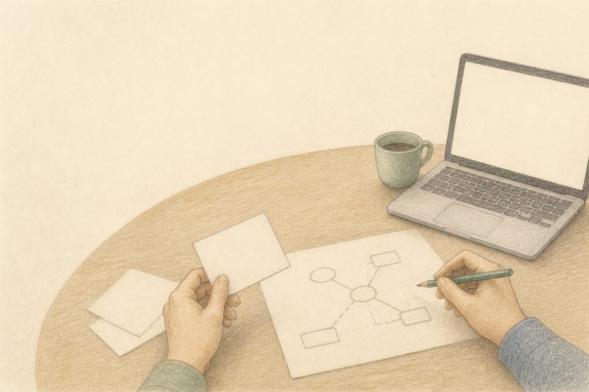ノートとパソコンを囲んで業務の流れを整理する手元のイラスト